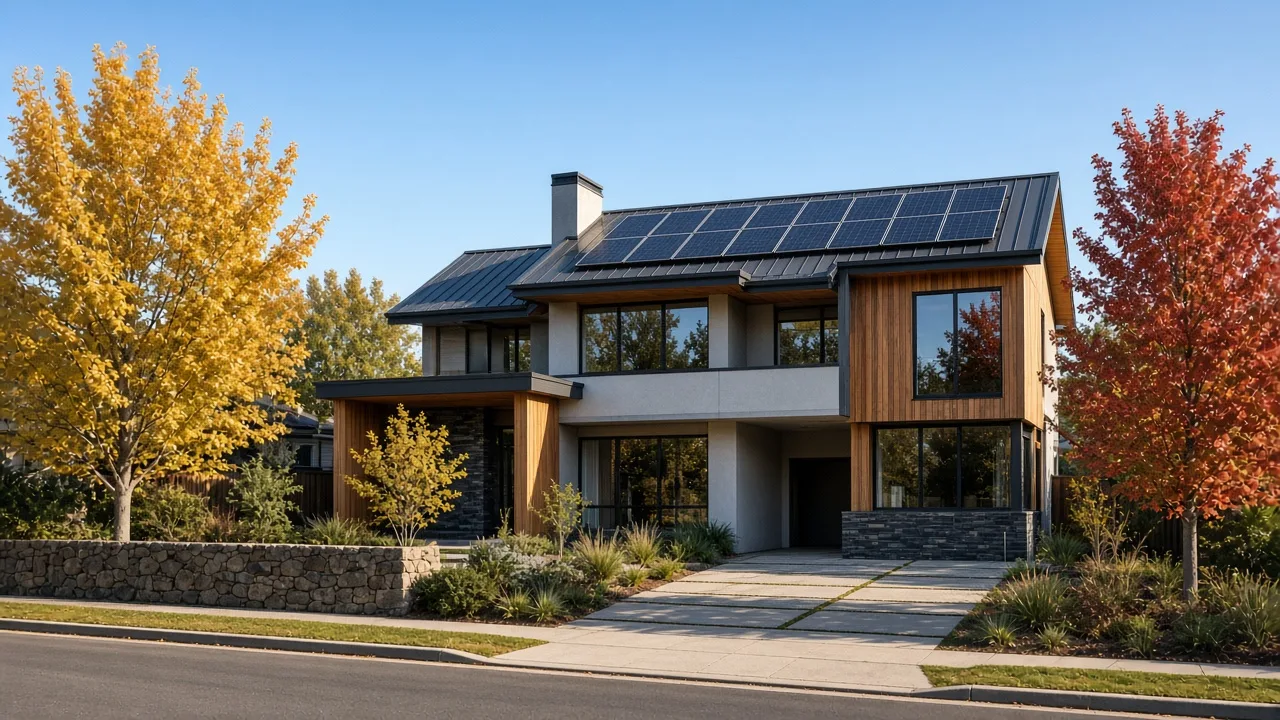 Modern Canberra home with rooftop solar panels in autumn