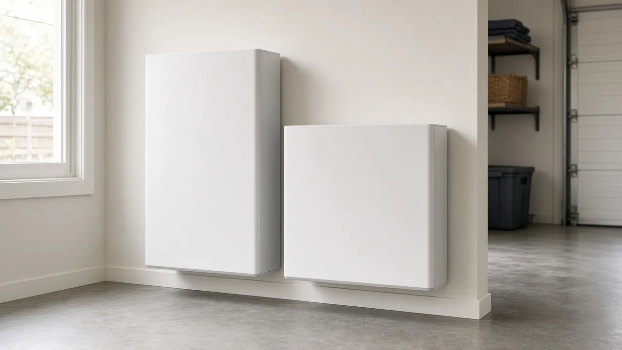 Two home battery units of different sizes mounted side by side in a garage