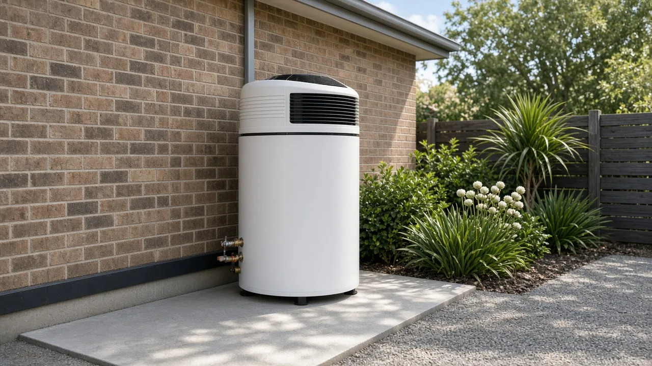 Heat pump hot water system installed beside a brick home