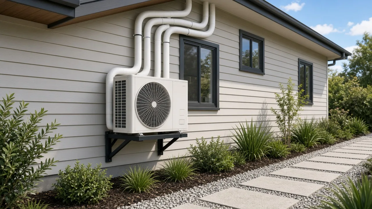 Multi-head air conditioner outdoor unit with pipework running to several rooms