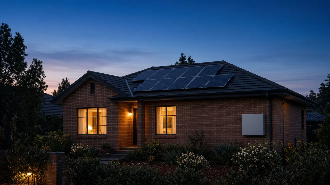 Brick home at dusk with rooftop solar panels and a wall-mounted battery