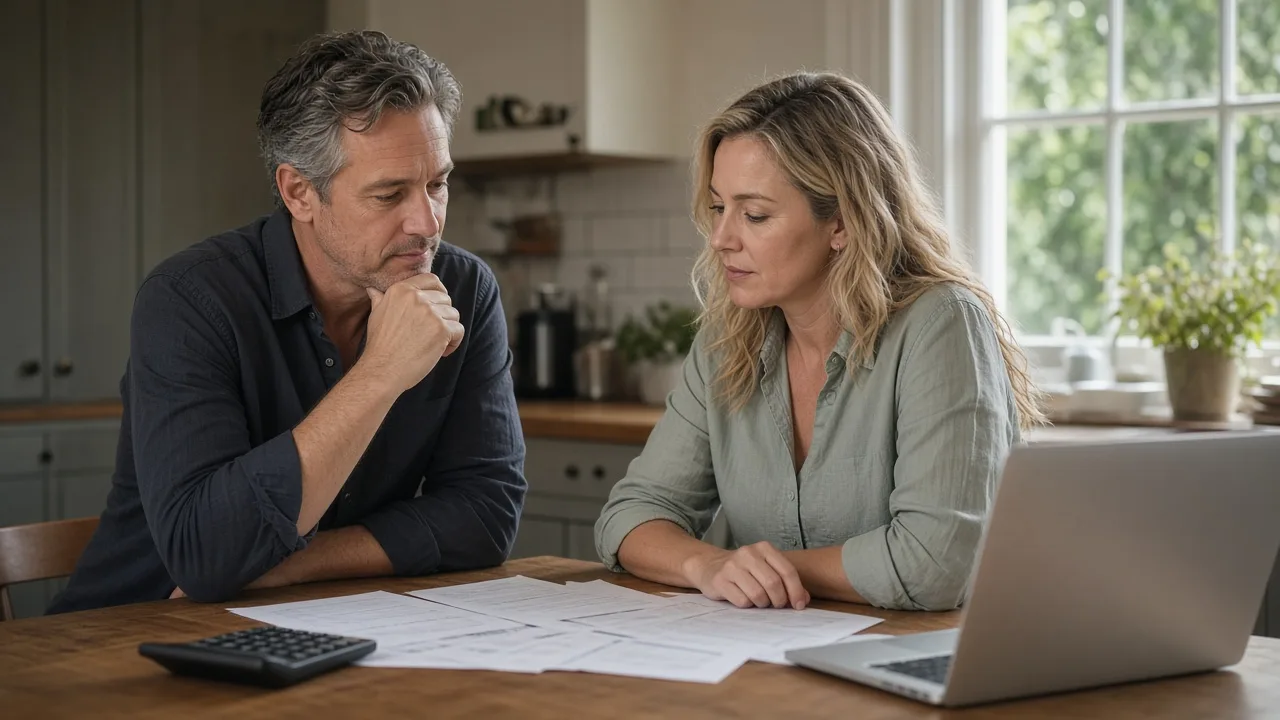Couple at a kitchen table carefully comparing printed quotes