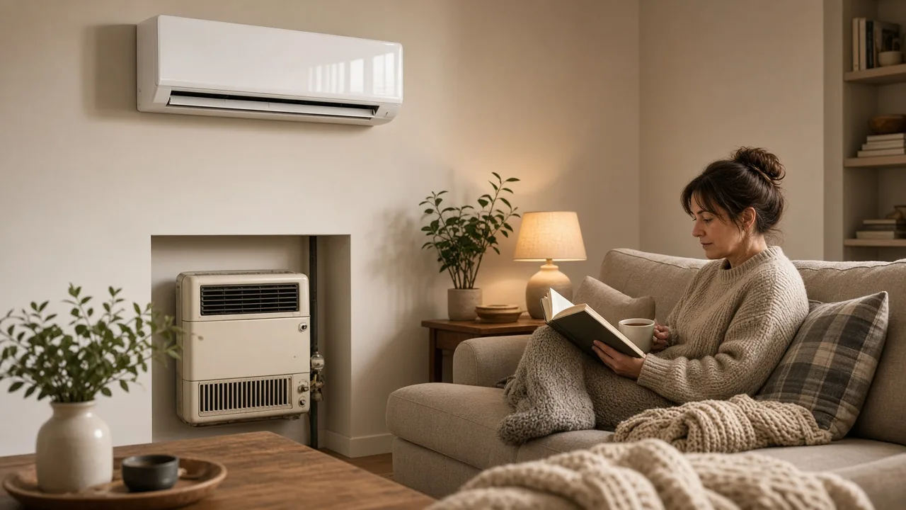 Reverse-cycle air conditioner heating a family room above an old gas wall heater