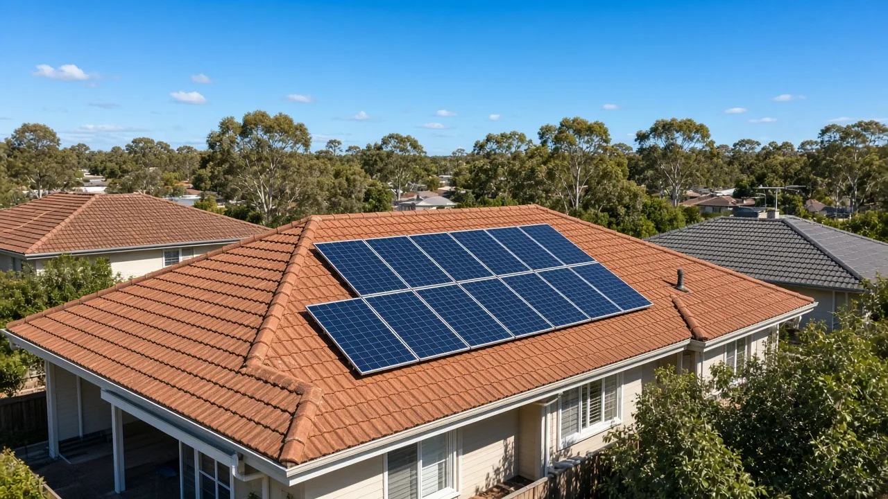 Solar panels on a terracotta tiled roof of an Australian home