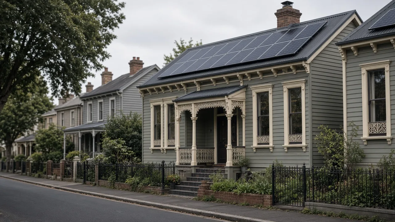 Victorian weatherboard house with solar panels on a corrugated iron roof