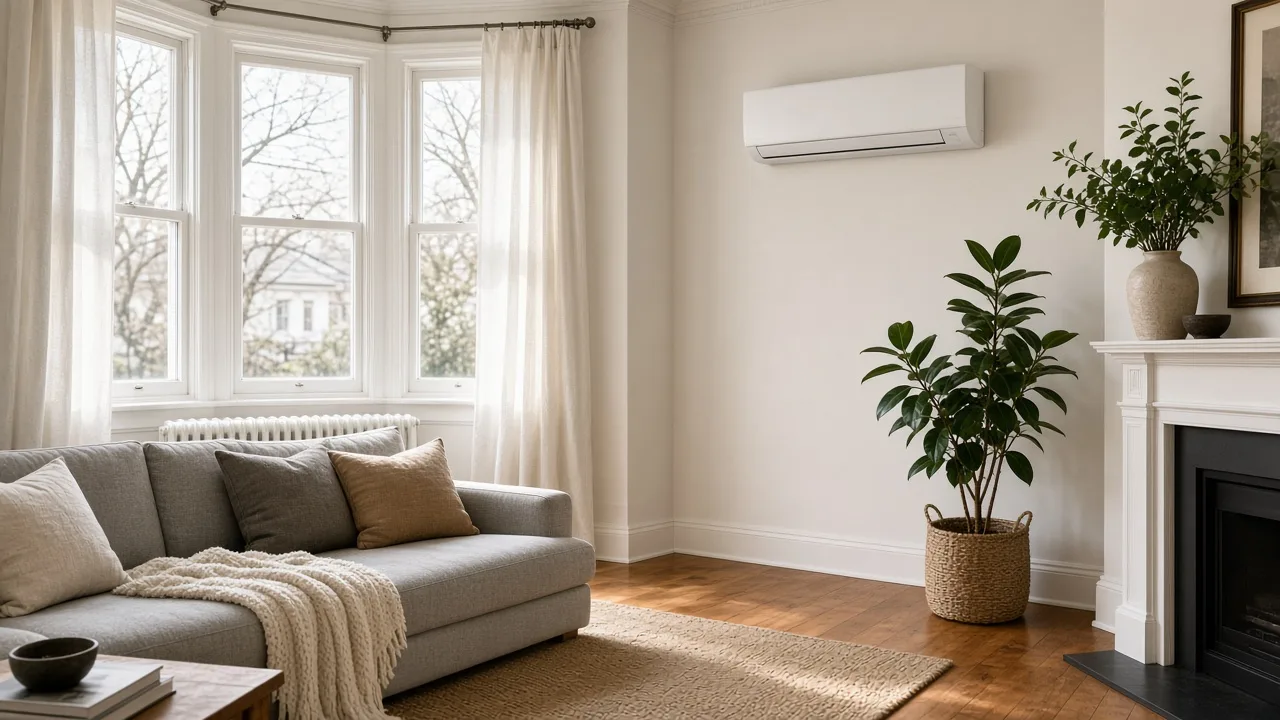 Living room with a reverse-cycle split system air conditioner on the wall